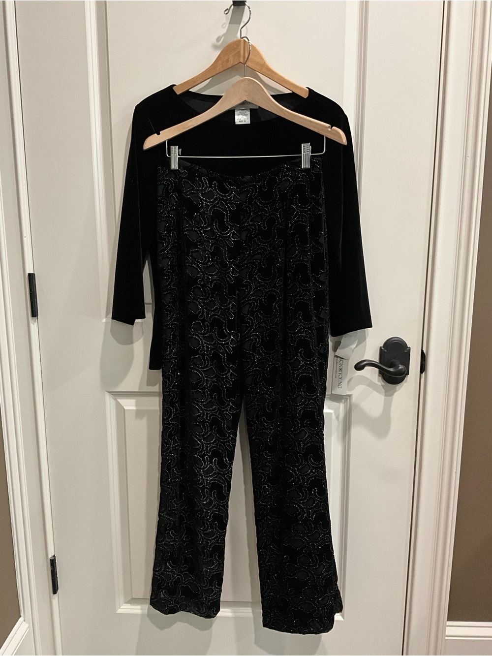 Sharon Young Black 2 Piece Velvet Wide-Leg Pants with Subtle Swirl Pattern